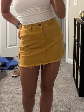 PacSun Mustard Yellow Frayed Hem Denim Mini Skirt